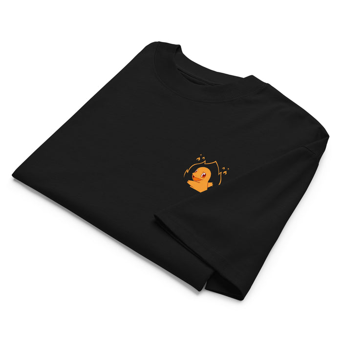 T-shirt col montant oversize Noir plié - petit personnage de feu imprimé sur la poitrine