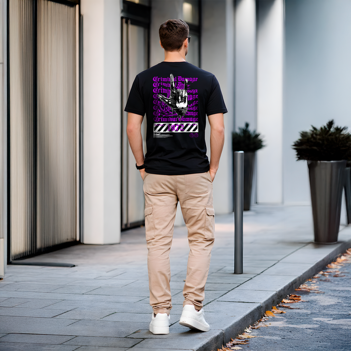 T-shirt noir streetwear – design graphique violet au dos