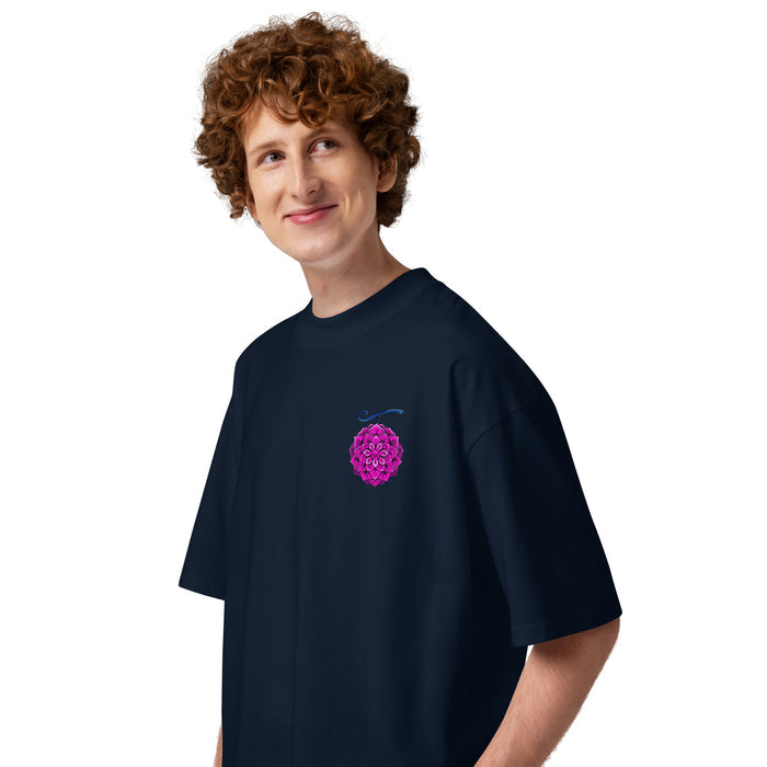 T-shirt oversize col montant anime Bleu Marine profil gauche - détail fleur imprimée à la poitrine