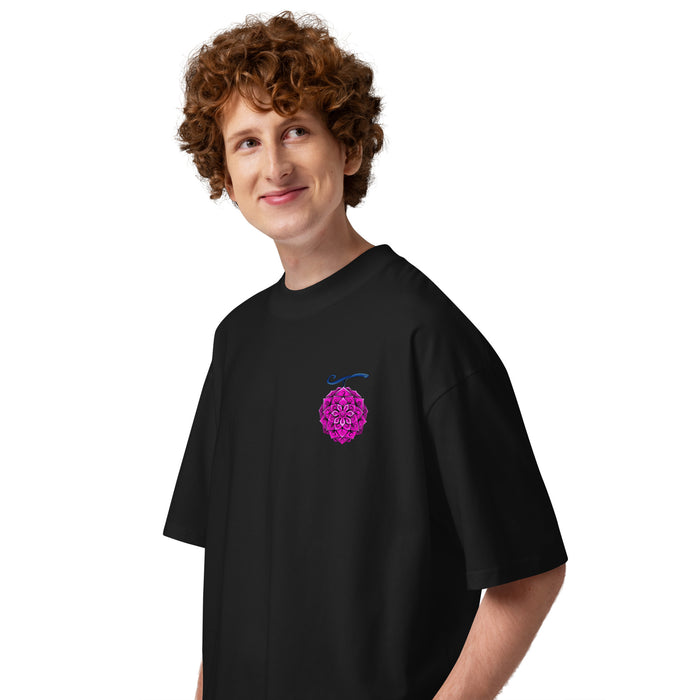 T-shirt oversize col montant anime Noir profil gauche - détail fleur imprimée à la poitrine