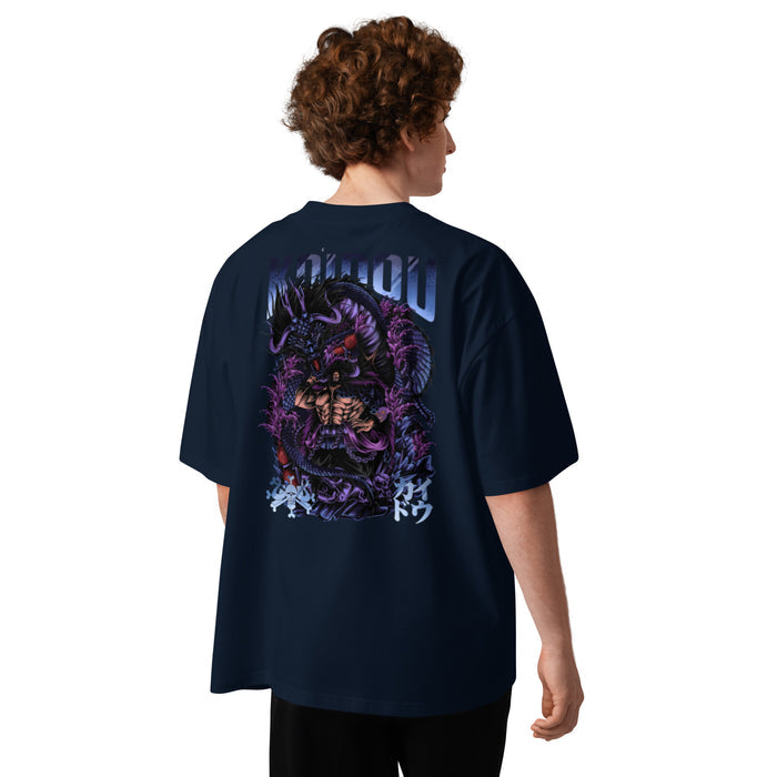 T-shirt oversize col montant Kaidou Bleu Marine dos - grand imprimé Kaidou avec dragon et guerrier au dos