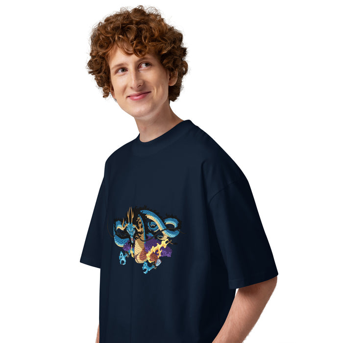 T-shirt oversize col montant Kaidou Bleu Marine profil gauche - vue de côté du t-shirt oversize avec imprimé Kaidou sur la poitrine