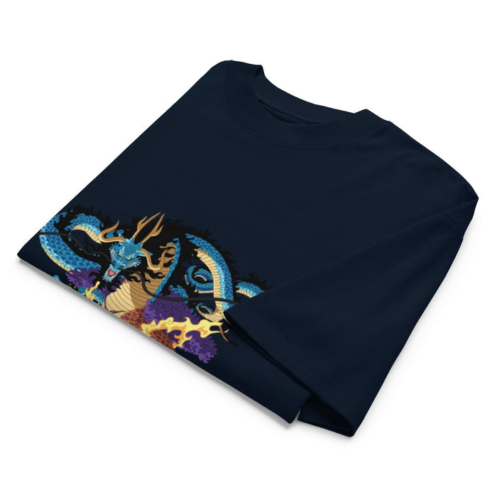 T-shirt oversize col montant Kaidou Bleu Marine plié - vue à plat du t-shirt avec imprimé dragon sur la poitrine