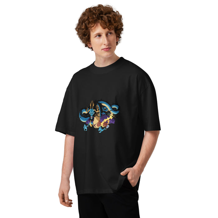 T-shirt oversize col montant Kaidou Noir face - dragon Kaidou imprimé sur la poitrine