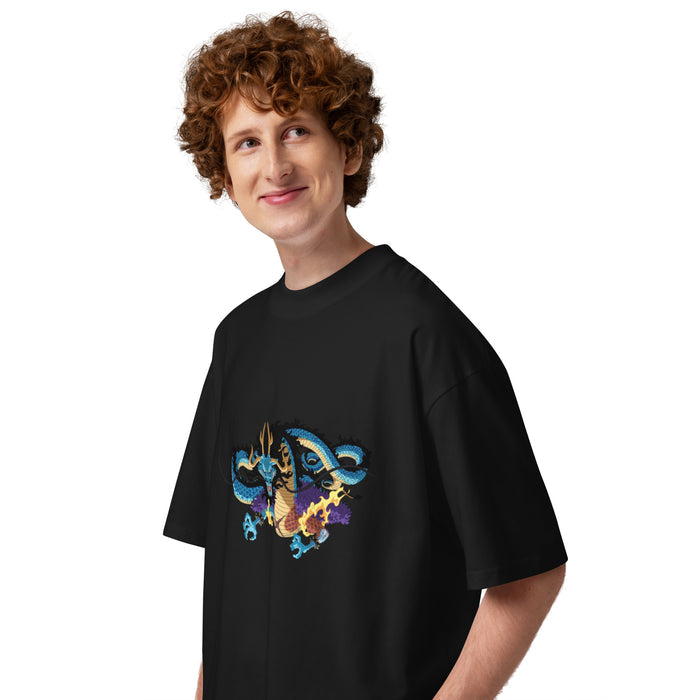 T-shirt oversize col montant Kaidou Noir profil gauche - vue de côté du t-shirt oversize avec imprimé Kaidou sur la poitrine