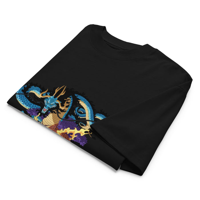 T-shirt oversize col montant Kaidou Noir plié - vue à plat du t-shirt avec imprimé dragon sur la poitrine