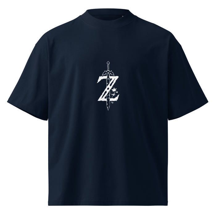 T-shirt oversize col montant gaming Bleu Marine face - emblème épée imprimée à la poitrine