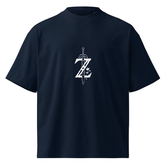 T-shirt oversize col montant gaming Bleu Marine face - emblème épée imprimée à la poitrine