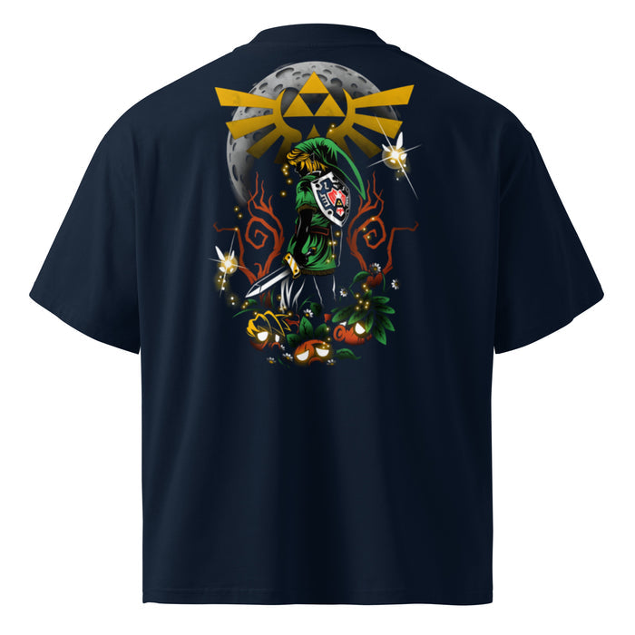 T-shirt oversize col montant gaming Bleu Marine dos - grand imprimé fantasy héros et épée