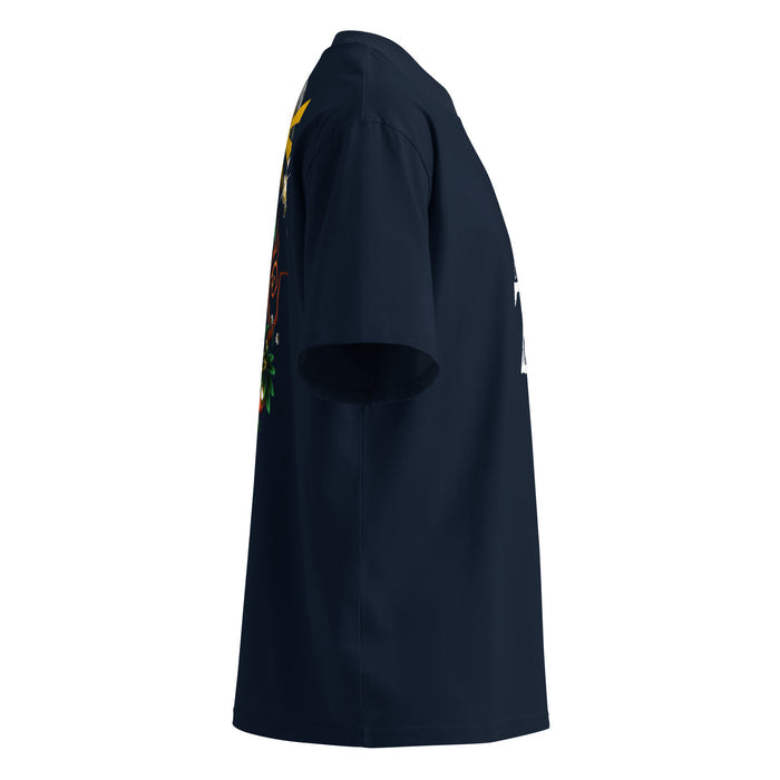 T-shirt oversize col montant gaming Bleu Marine profil droit - détail imprimé au dos