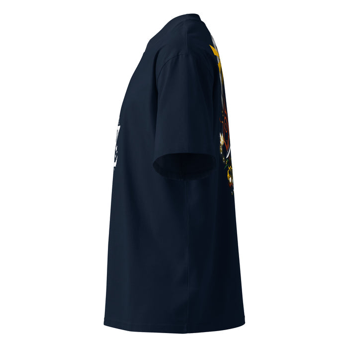 T-shirt oversize col montant gaming Bleu Marine profil gauche - détail imprimé au dos