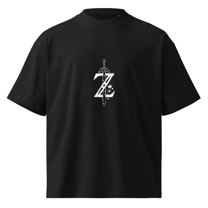 T-shirt oversize col montant gaming Noir face - emblème épée imprimée à la poitrine