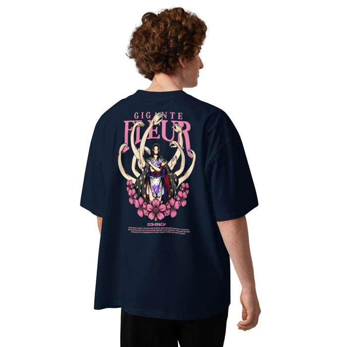 T-shirt oversize Bleu Marine col montant unisexe dos - grand imprimé japonais Gigante Fleur
