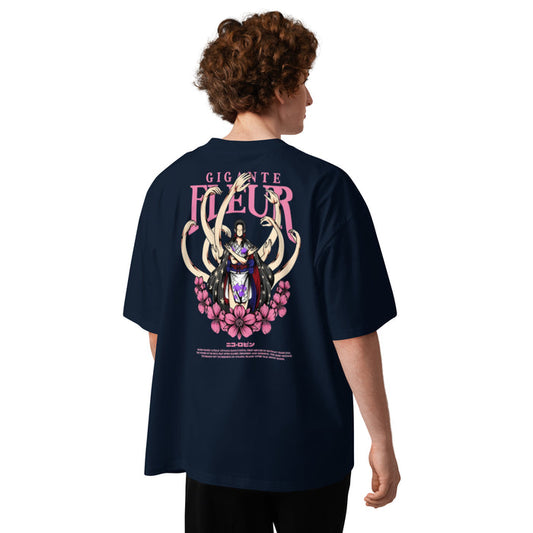 T-shirt oversize Bleu Marine col montant unisexe dos - grand imprimé japonais Gigante Fleur