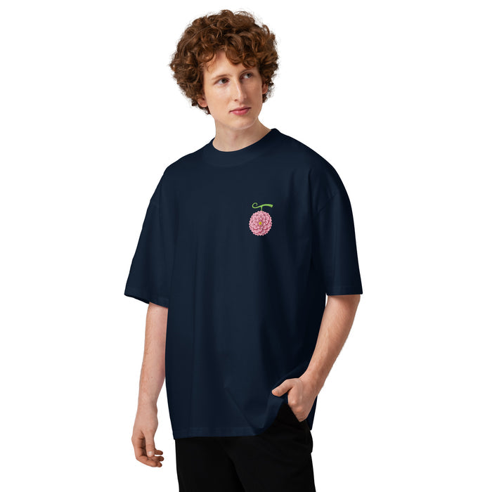 T-shirt oversize Bleu Marine col montant unisexe face - petite fleur brodée à la poitrine