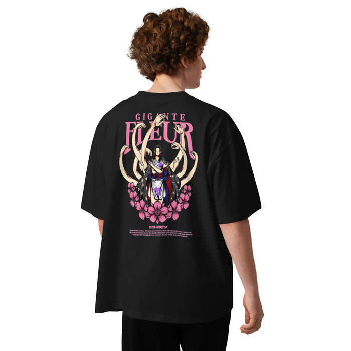 T-shirt oversize noir col montant unisexe dos - grand imprimé japonais Gigante Fleur