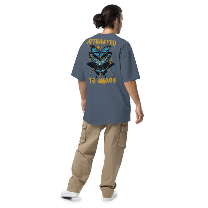 T-shirt oversize délavé Attracted to Chaos indigo délavé dos - papillons dorés Attracted to Chaos