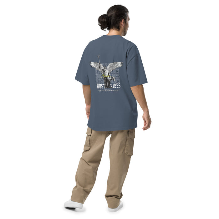 T-shirt oversize délavé Hustle Vibes Indigo Délavé vue de dos - grand imprimé ange streetwear au dos