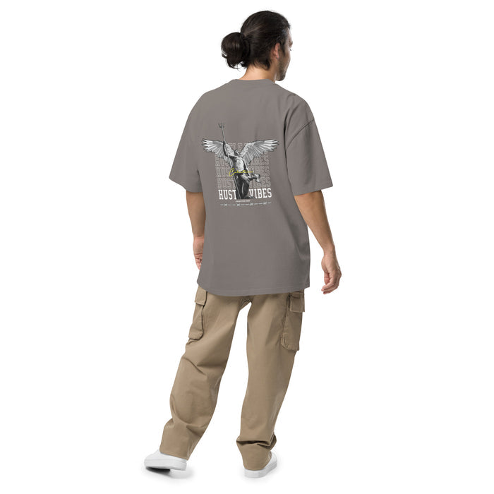 T-shirt oversize délavé Hustle Vibes Gris Délavé vue de dos - grand imprimé ange streetwear au dos