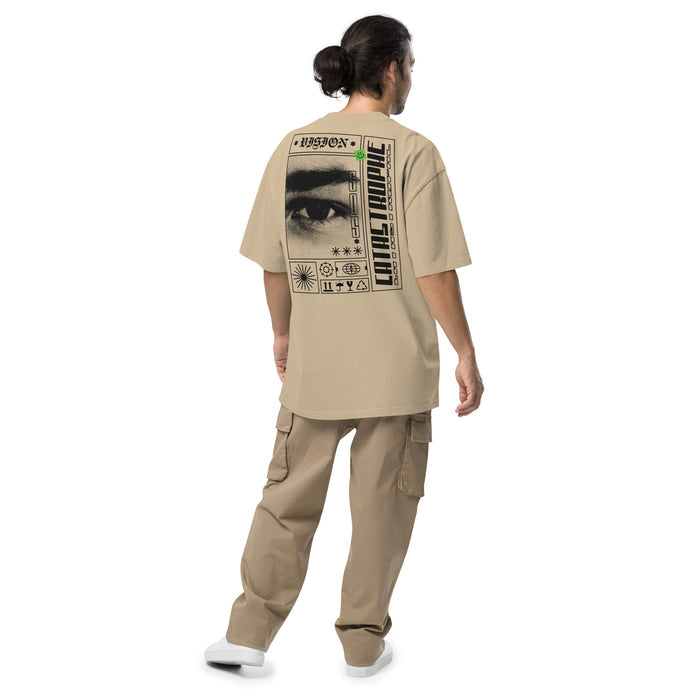 T-shirt oversize délavé Vision Catastrophic kaki délavé dos - imprimé Vision Catastrophic et œil halftone