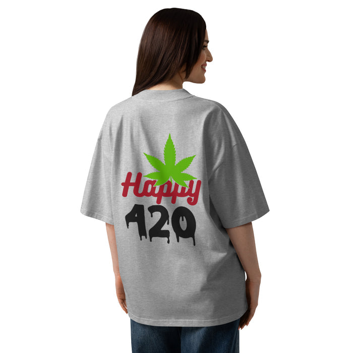 T-shirt oversize Happy 420 gris chiné vue de dos, grand imprimé feuille de cannabis
