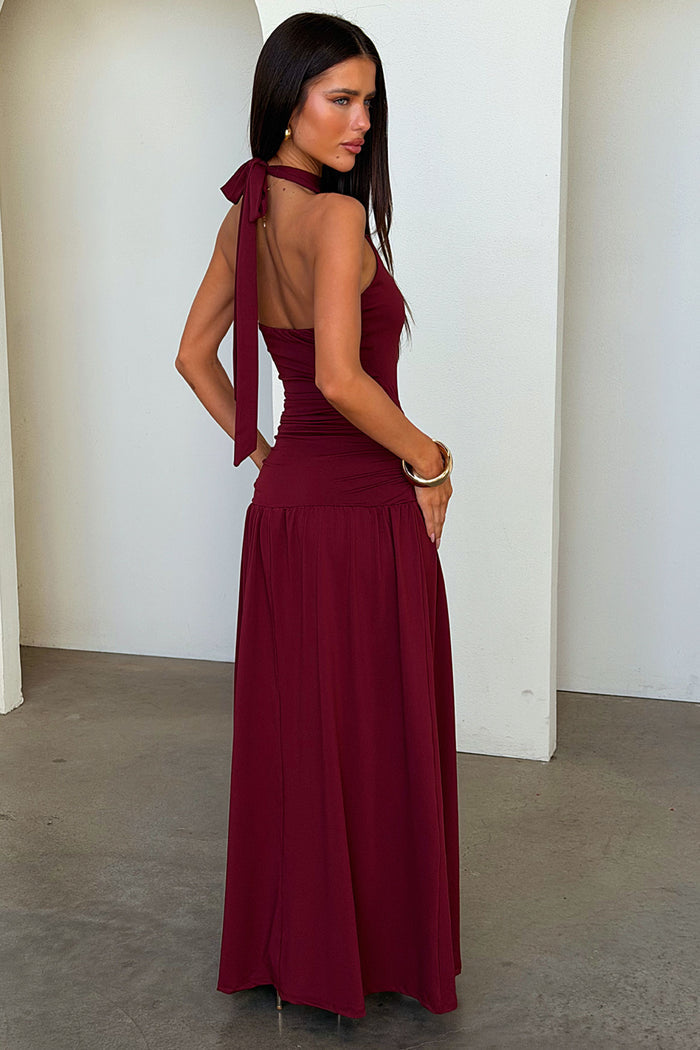 Tallulah High Neck Maxi Dress - Burgundy