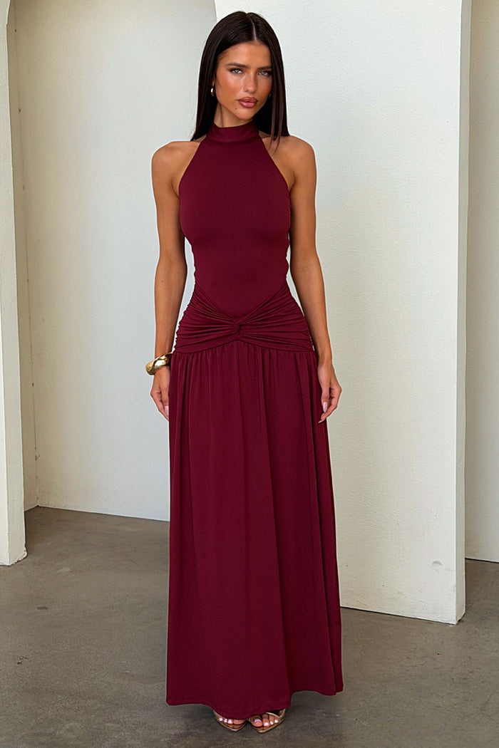Tallulah High Neck Maxi Dress - Burgundy