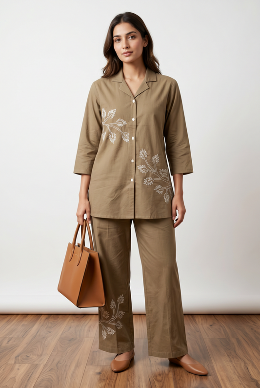 Taupe Floral Embroidered Cotton Co-ord Set