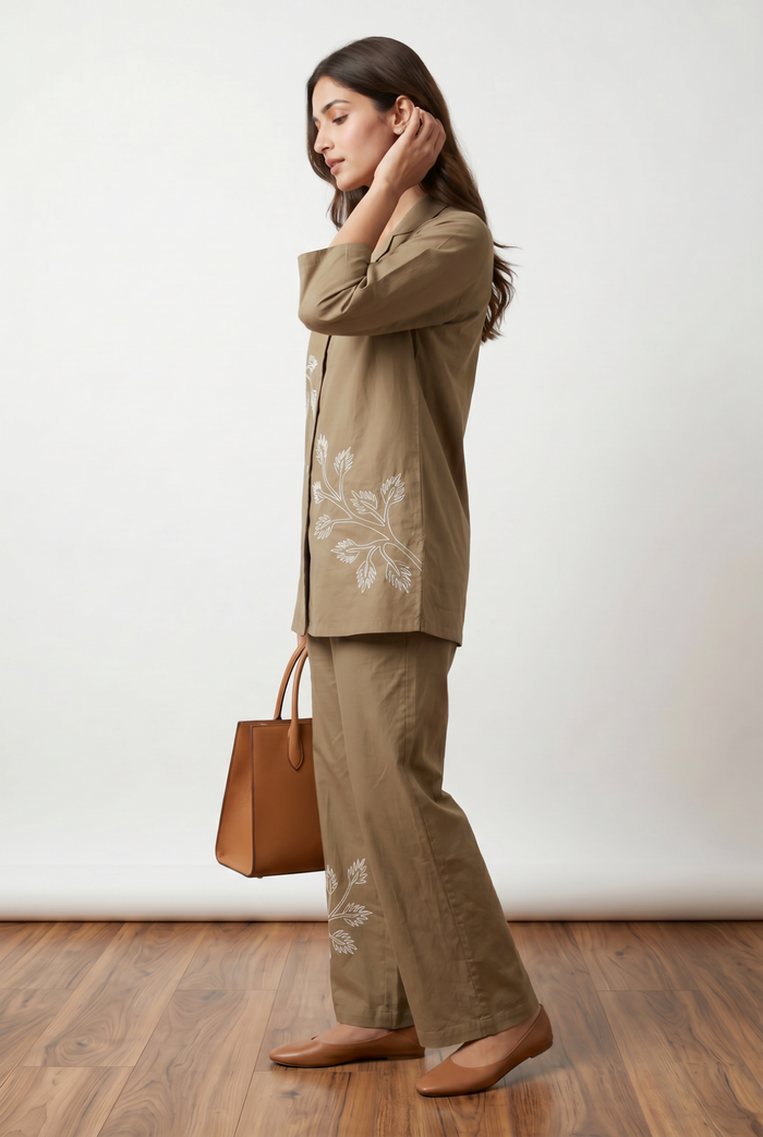 Taupe Floral Embroidered Cotton Co-ord Set