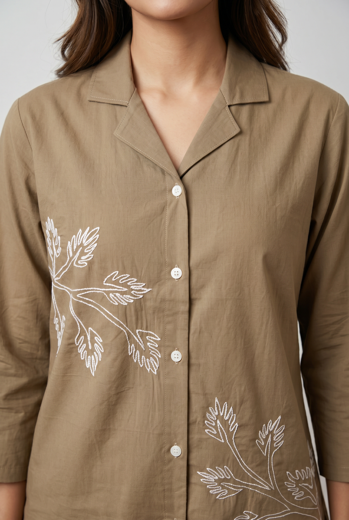 Taupe Floral Embroidered Cotton Co-ord Set