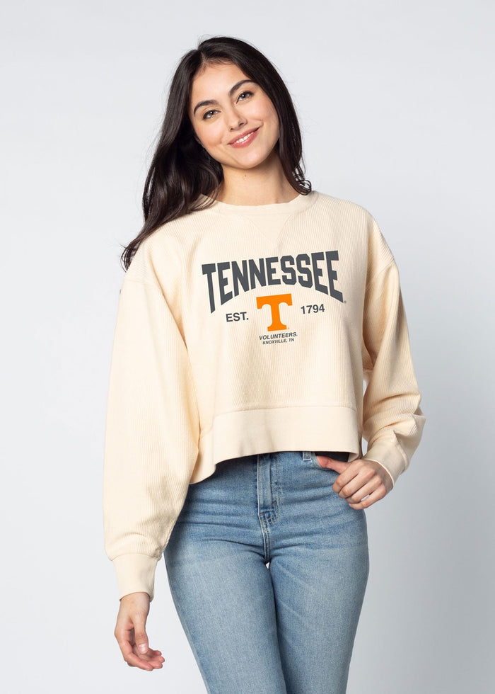 Tennessee Volunteers Women's Natural Relaxed Premium cotton corded fleece Sweatshirt with Super soft hand feel, vintage wash, side slits and ribbed crew neckline, cuffs, and hemline