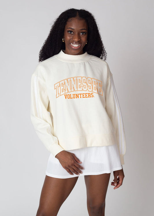 Tennessee Volunteers Women's White Relaxed, boxy, waist length Premium fleece Sweatshirt with Mock neck and striped rib at neckline, cuffs and hem