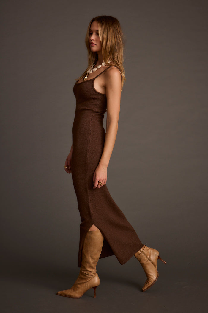 Close-up of the Teresa Mocha Sweater Midi Dress showcasing the fabric texture and design details.