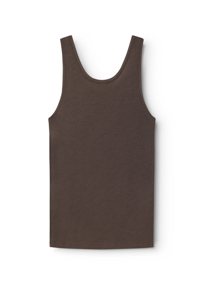 Uld pointelle undertrøje i mørk brun, ærmeløs tanktop med rund hals, ensfarvet.