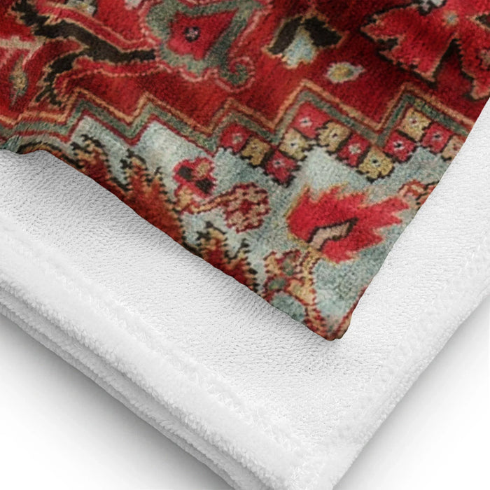 The Dudes Rug Beach Towel - The high-contrast interplay between the Persian red (#9A2A2F) base and the intricate navy (#2A3042) medallion, mirroring the exact screen-accurate textile that sparked a nihilistic LA odyssey.