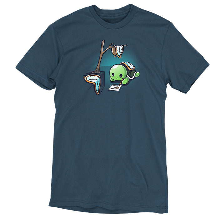 Premium Cotton T-shirt_TeeTurtle The Persistence of Drawing denim blue apparel featuring a turtle drawing while surrounded by melting clocks.