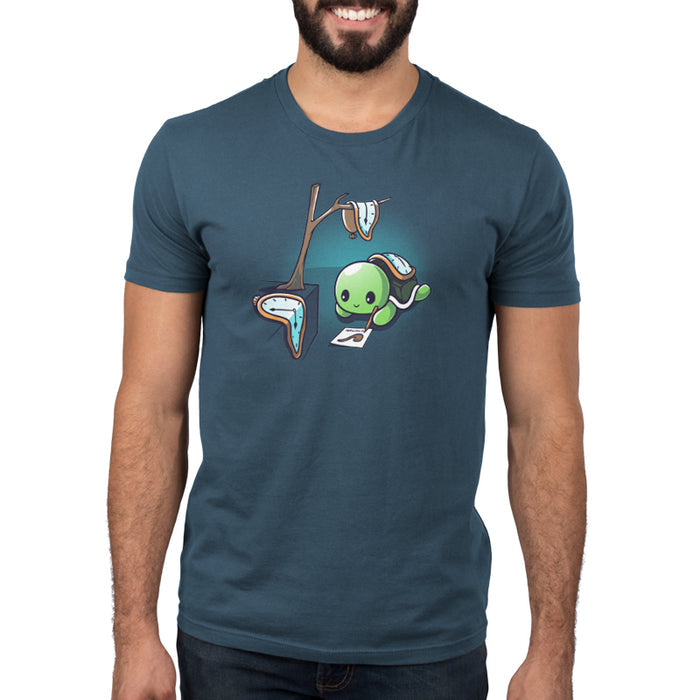 Premium Cotton T-shirt_TeeTurtle The Persistence of Drawing denim blue apparel featuring a turtle drawing while surrounded by melting clocks.