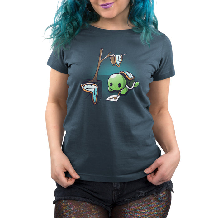 Premium Cotton T-shirt_TeeTurtle The Persistence of Drawing denim blue apparel featuring a turtle drawing while surrounded by melting clocks.