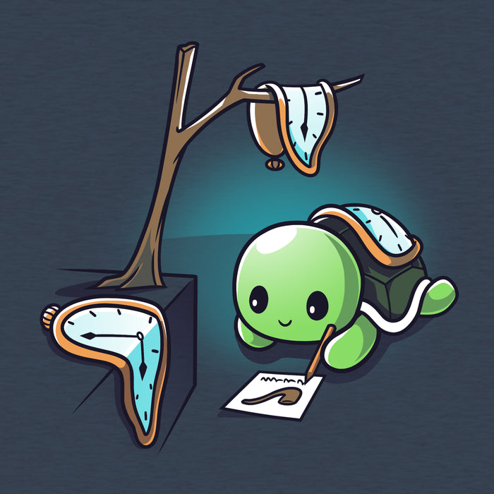 Classic Cotton T-shirt_TeeTurtle The Persistence of Drawing heather navy apparel featuring a turtle drawing while surrounded by melting clocks.