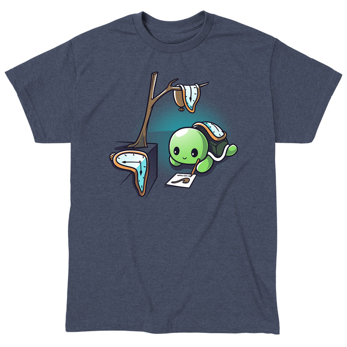 Classic Cotton T-shirt_TeeTurtle The Persistence of Drawing heather navy apparel featuring a turtle drawing while surrounded by melting clocks.