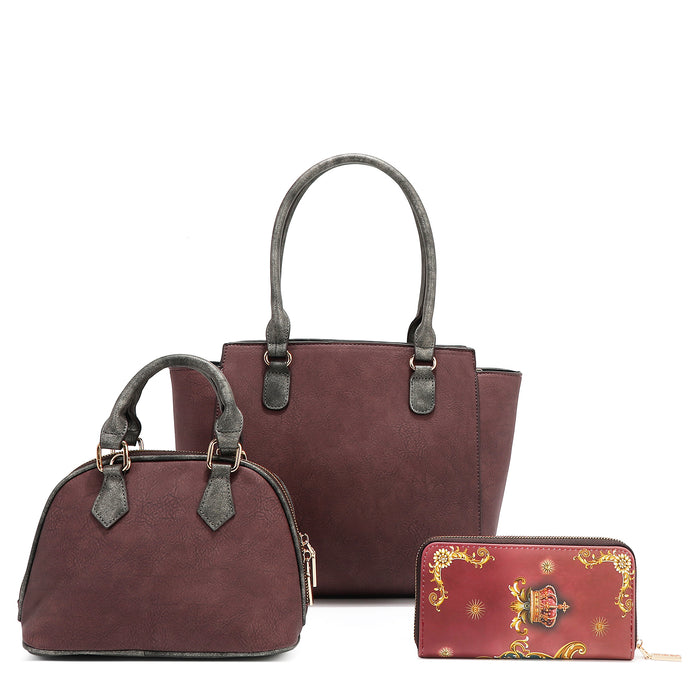 Back of the Queen 3-piece vegan leather handbag set is the epitome of elegance and versatility. Featuring a large handbag, a small crossbody, and a zip wallet, each piece is adorned with the stunning Queen print. This multifunctional set effortlessly combines style and functionality, offering a luxurious way to stay organized and make a statement. Metallic shimmer effect in a gray, burgundy red, and dark teal color way.