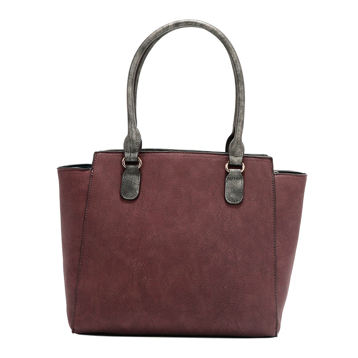 Back of the large Queen vegan leather structured handbag with dual top handles, part of THE QUEEN 3 PIECE SET (Handbag, Crossbody, Wallet). Burgundy red solid back with metallic gray handles for a pop of shimmer and elegance.