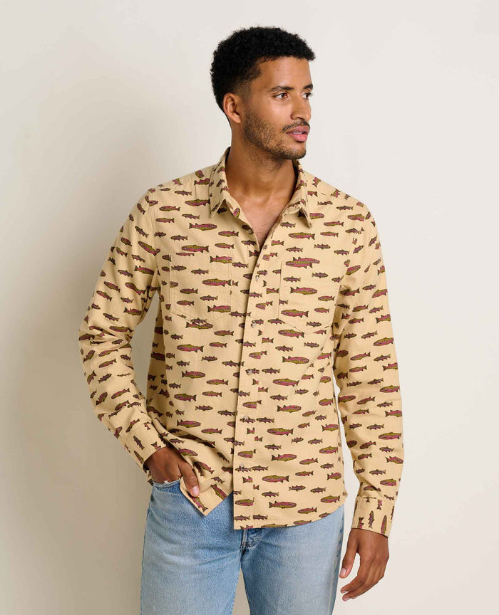 TOAD&CO PINEVALE LONG SLEEVE BUTTON DOWN CHAI TROUT PRINT MENS SHIRT