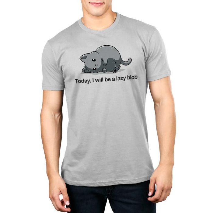 Premium Cotton T-shirt_TeeTurtle Today I Will Be A Lazy Blob silver gray apparel featuring a very round gray cat laying on its side.