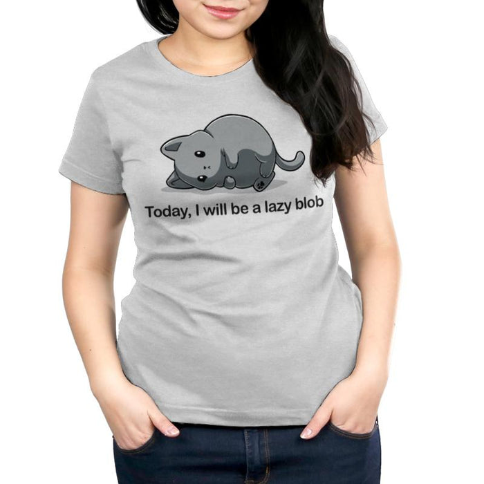 Premium Cotton T-shirt_TeeTurtle Today I Will Be A Lazy Blob silver gray apparel featuring a very round gray cat laying on its side.