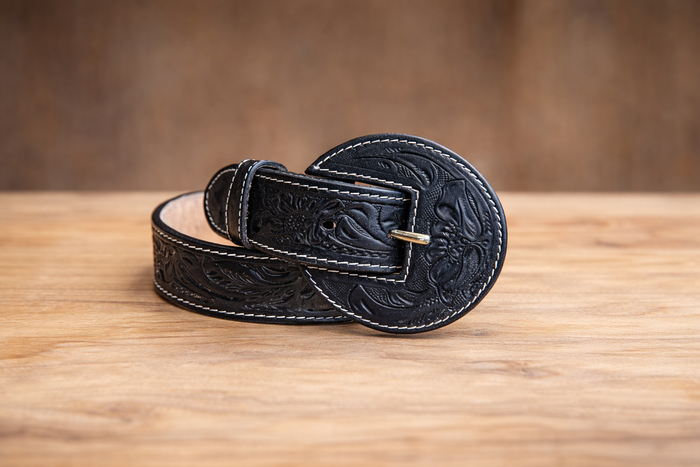 Tooled Leather Floral Belt - Black