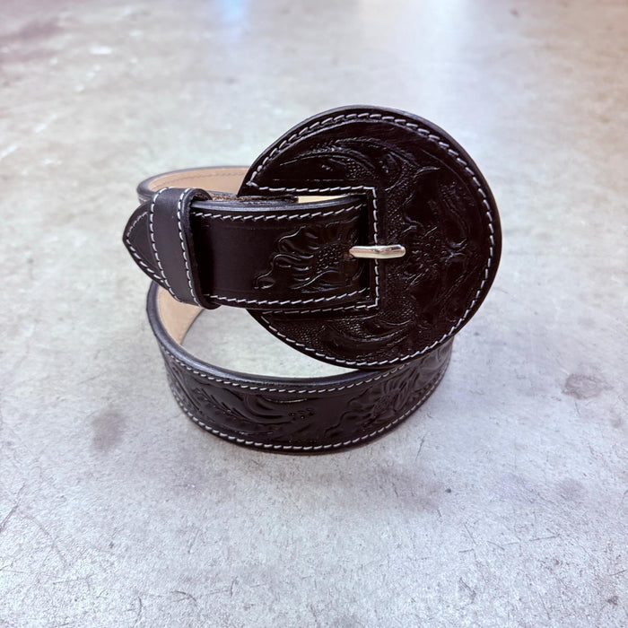 Tooled Leather Floral Belt - Black