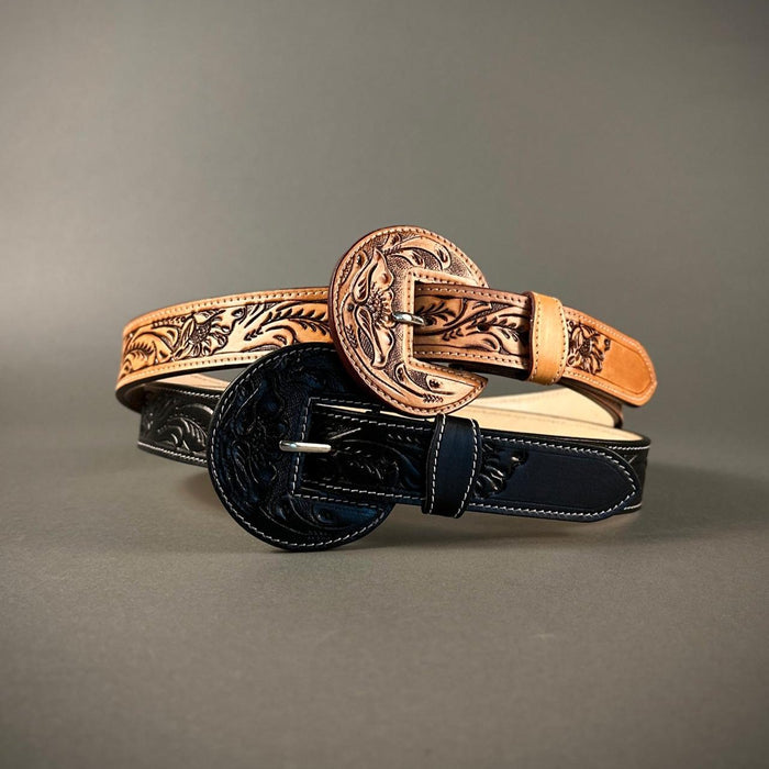 Tooled Leather Floral Belt - Black