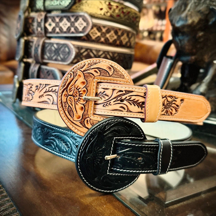 Tooled Leather Floral Belt - Black