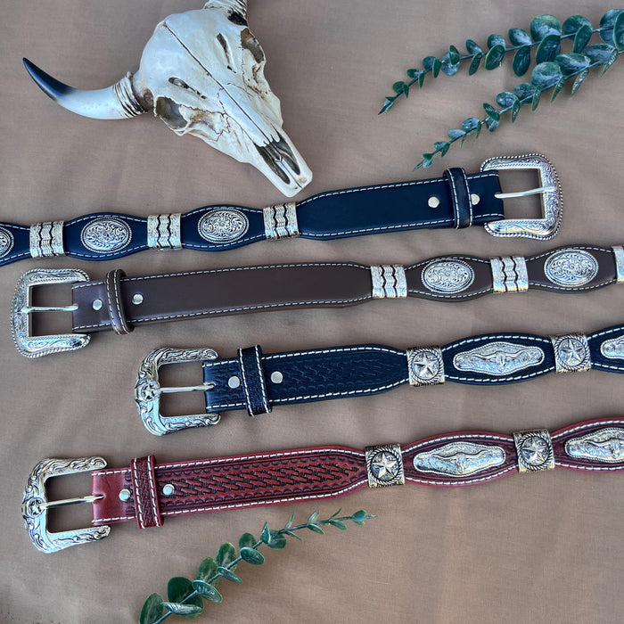 Tooled Scalloped Concho Western Belt - Chestnut